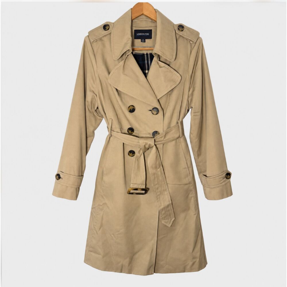 London Fog Trench Coat 12 Khaki Belted Plaid Lined Classic/Preppy Parisian Chic
